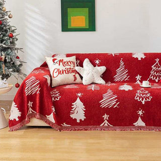 Funda de sofá Merry Christmas de felpilla, color rojo festivo con diseño de árbol y estrella para decoración navideña