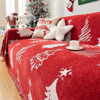 Funda de sofá Merry Christmas de felpilla, color rojo festivo con diseño de árbol y estrella para decoración navideña