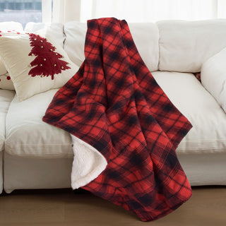 Manta reversible a cuadros con forma de sherpa con forma de alce, acogedora, de tartán rojo y negro con calidez festiva