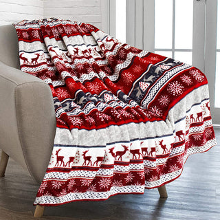 Acogedora manta navideña de felpa con diseño de reno supersuave con copos de nieve y detalles en rojo