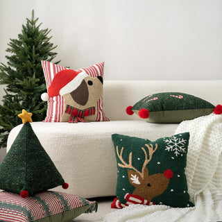 Almohada de pana con forma de estrella navideña con pompones, decoración festiva