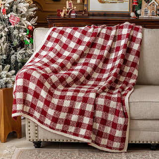 Manta sherpa clásica a cuadros Buffalo, diseño a cuadros rojos y blancos con forro suave para una comodidad acogedora